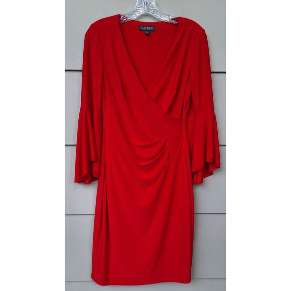 Lauren Ralph Lauren Bell Sleeve Faux Wrap Red Dress Surplice V Neckline Size 4 - Picture 10 of 12